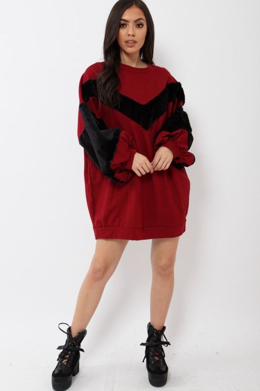 Clothing Rebellious Fashion | Wine Chevron Fur Jumper Dress - Esme