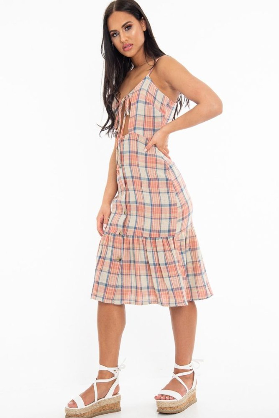 Clothing Rebellious Fashion | Beige Check Tie Button Front Ruffle Hem Midi Dress - Lorenza