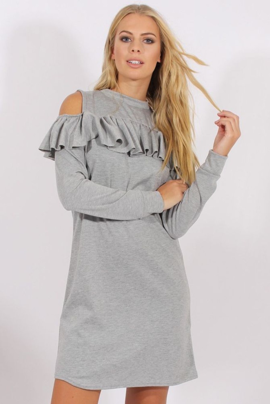 Clothing Rebellious Fashion | Grey Cold Shoulder Frill Layer Swing Dress - Megan