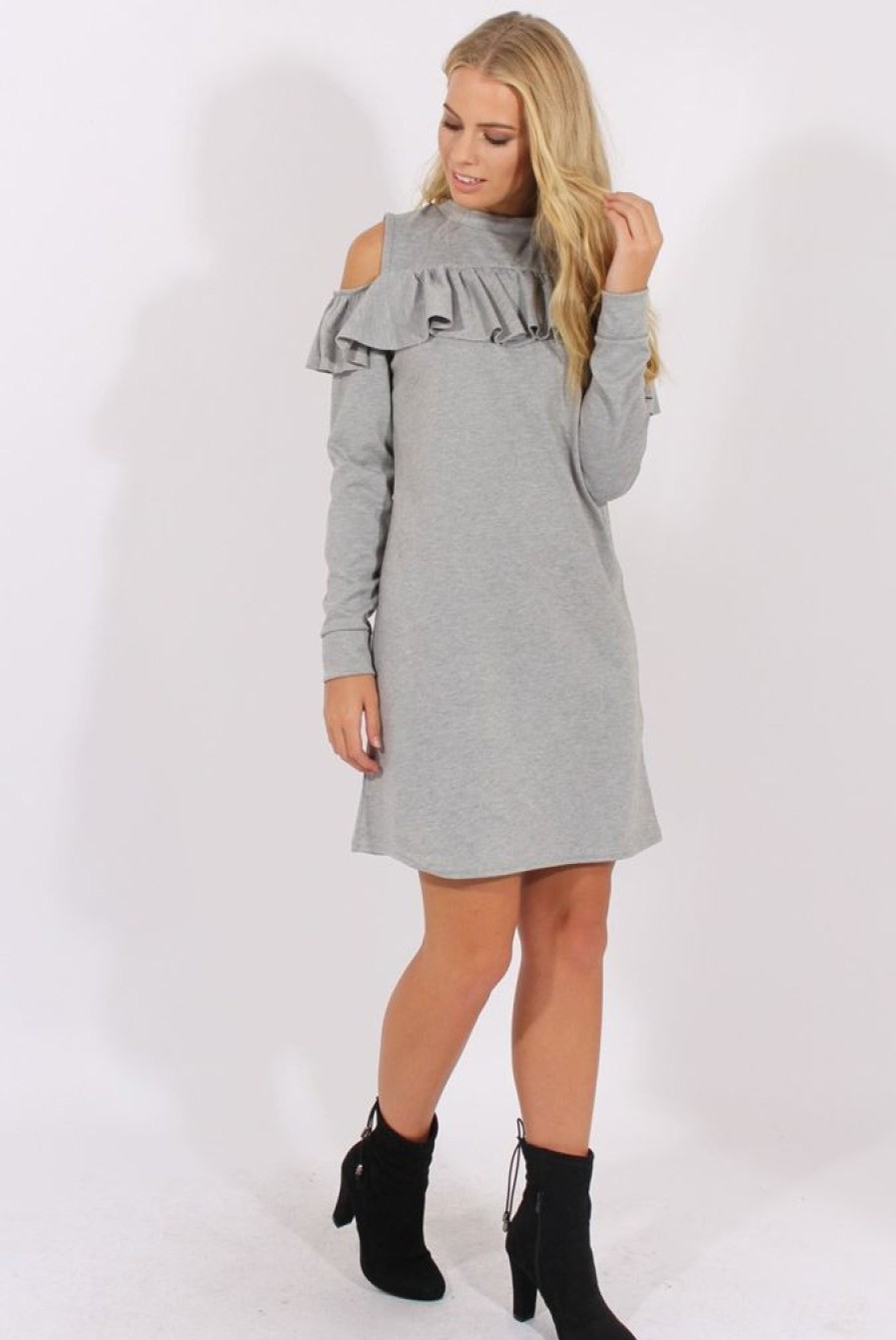 Clothing Rebellious Fashion | Grey Cold Shoulder Frill Layer Swing Dress - Megan