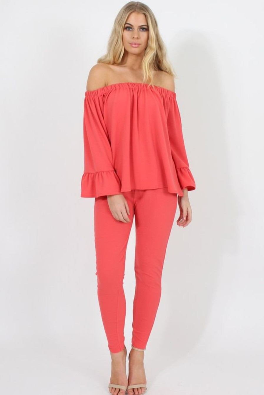 Clothing Rebellious Fashion | Coral Off The Shoulder Co-Ord - Lydia