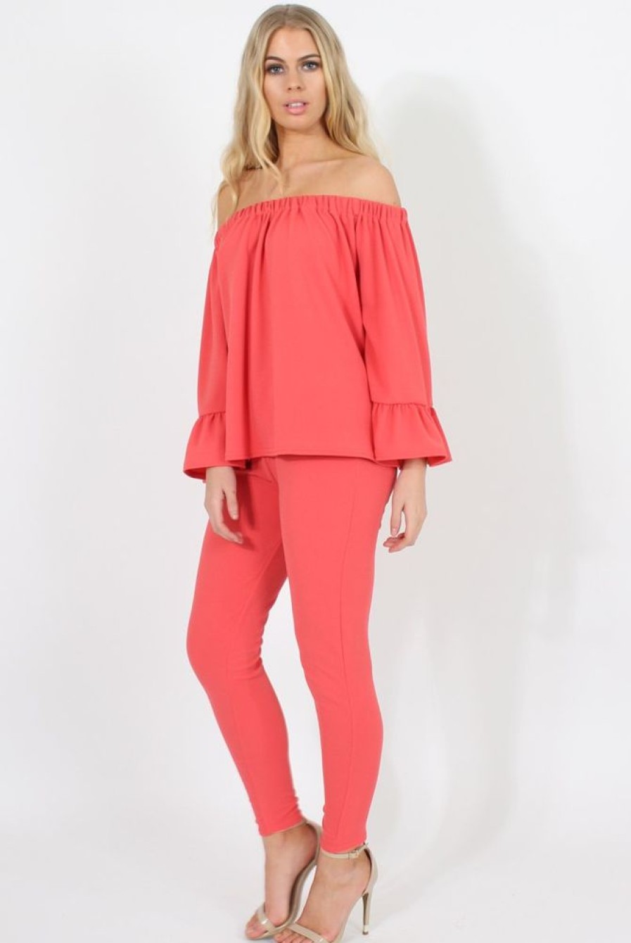 Clothing Rebellious Fashion | Coral Off The Shoulder Co-Ord - Lydia