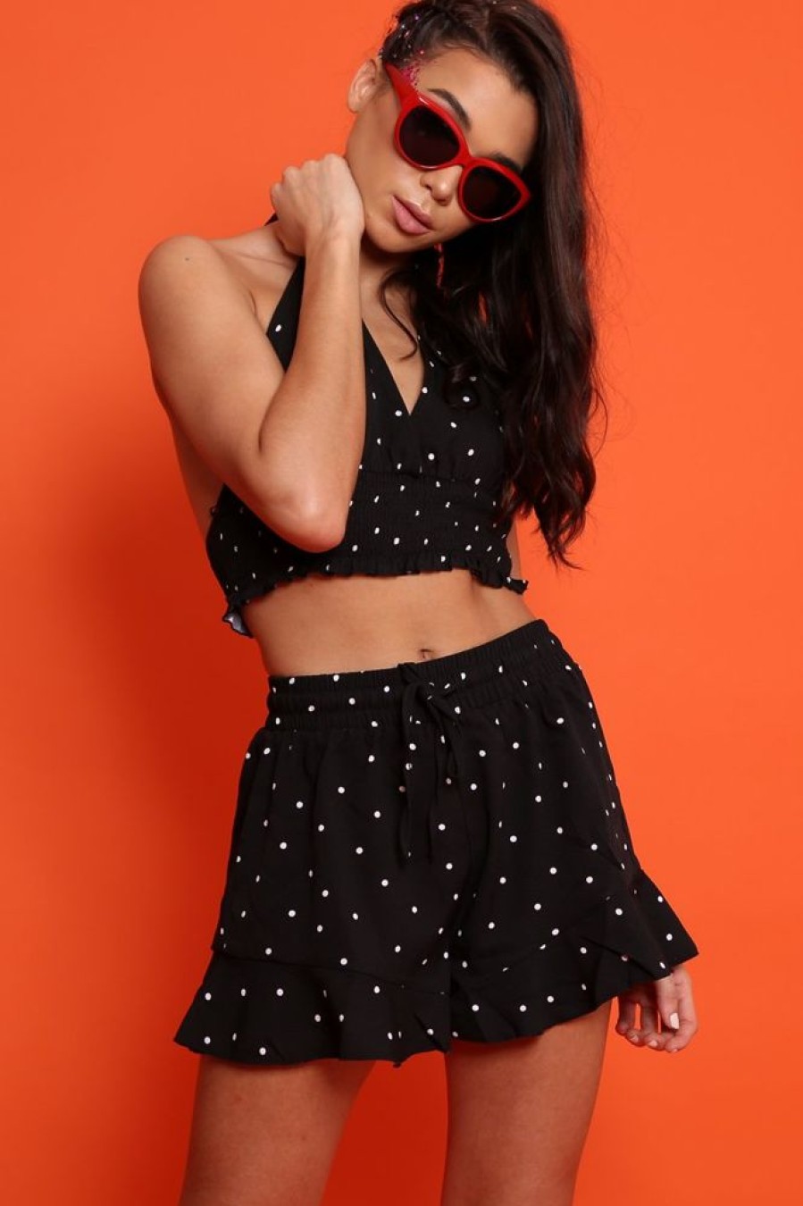 Clothing Rebellious Fashion | Black Polka Dot Shorts And Halterneck Co-Ord - Alivia