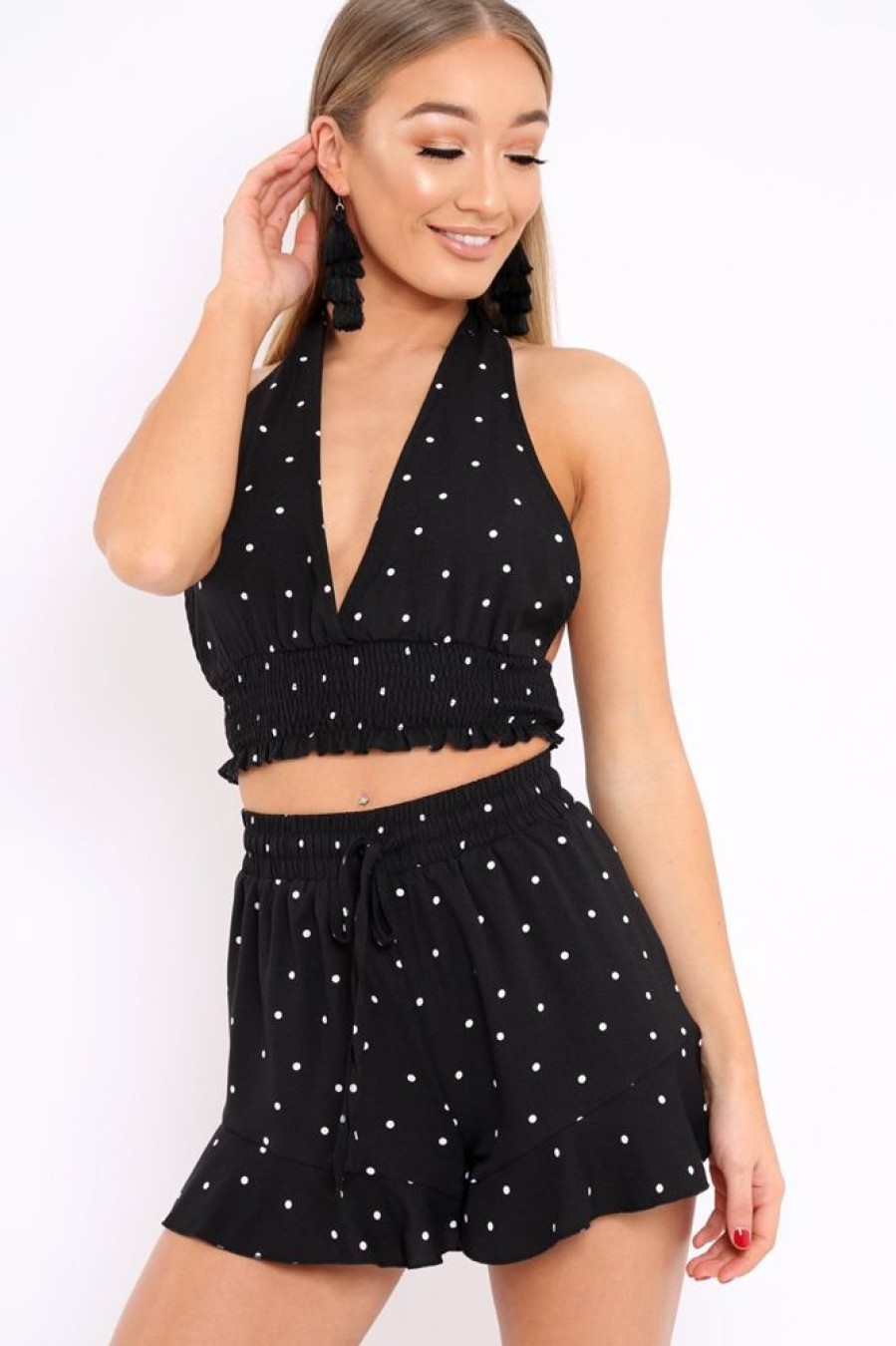 Clothing Rebellious Fashion | Black Polka Dot Shorts And Halterneck Co-Ord - Alivia