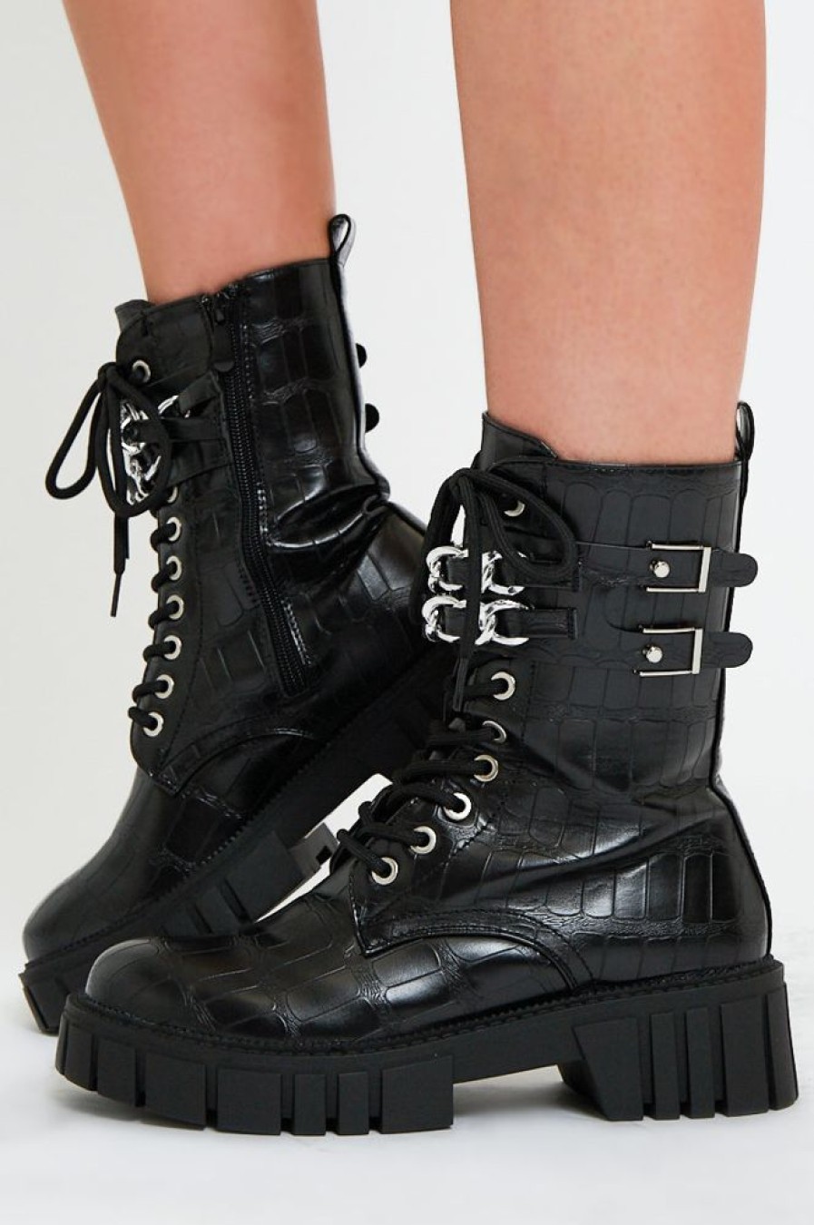 Shoes Rebellious Fashion | Black Faux Croc Leather Double Chain Biker Boots - Halee