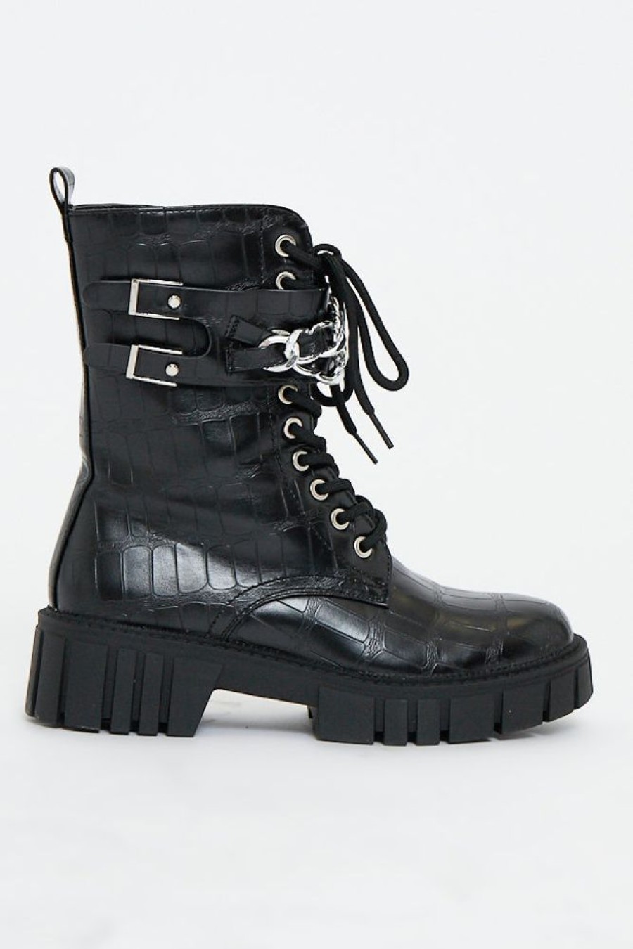 Shoes Rebellious Fashion | Black Faux Croc Leather Double Chain Biker Boots - Halee