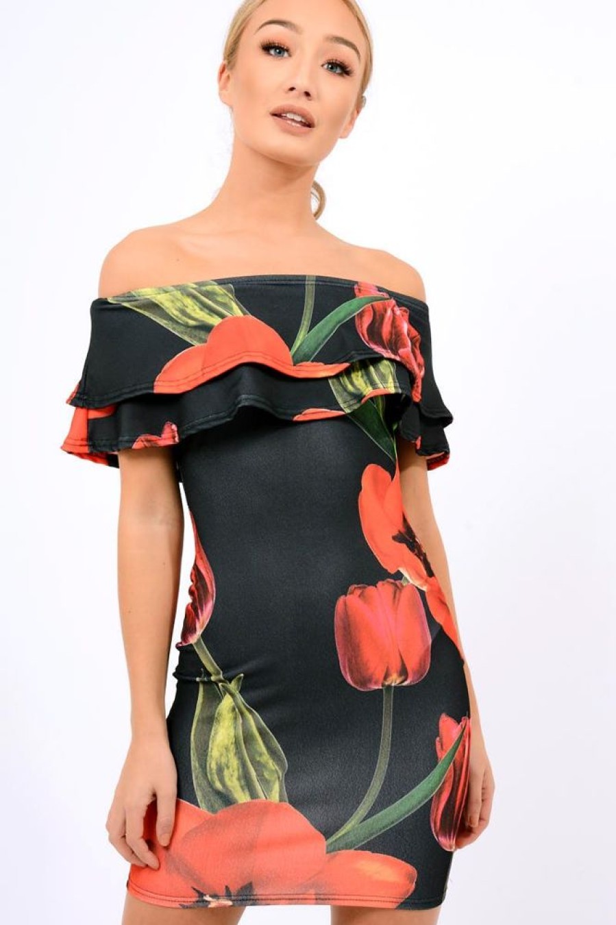 Clothing Rebellious Fashion | Black Tulip Bardot Bodycon Dress - Kelis