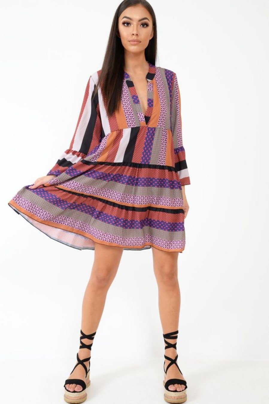 Clothing Rebellious Fashion | Multi Plunge Aztec Flute Sleeve Shift Dress - Olesya