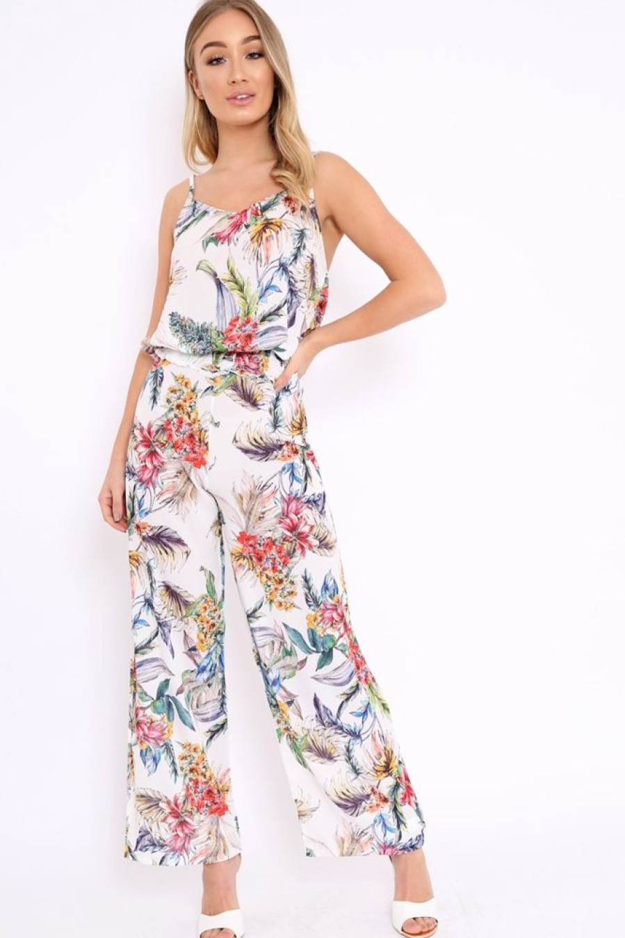 Clothing Rebellious Fashion | White Floral Print Cami And Trousers Co-Ord - Cassidi