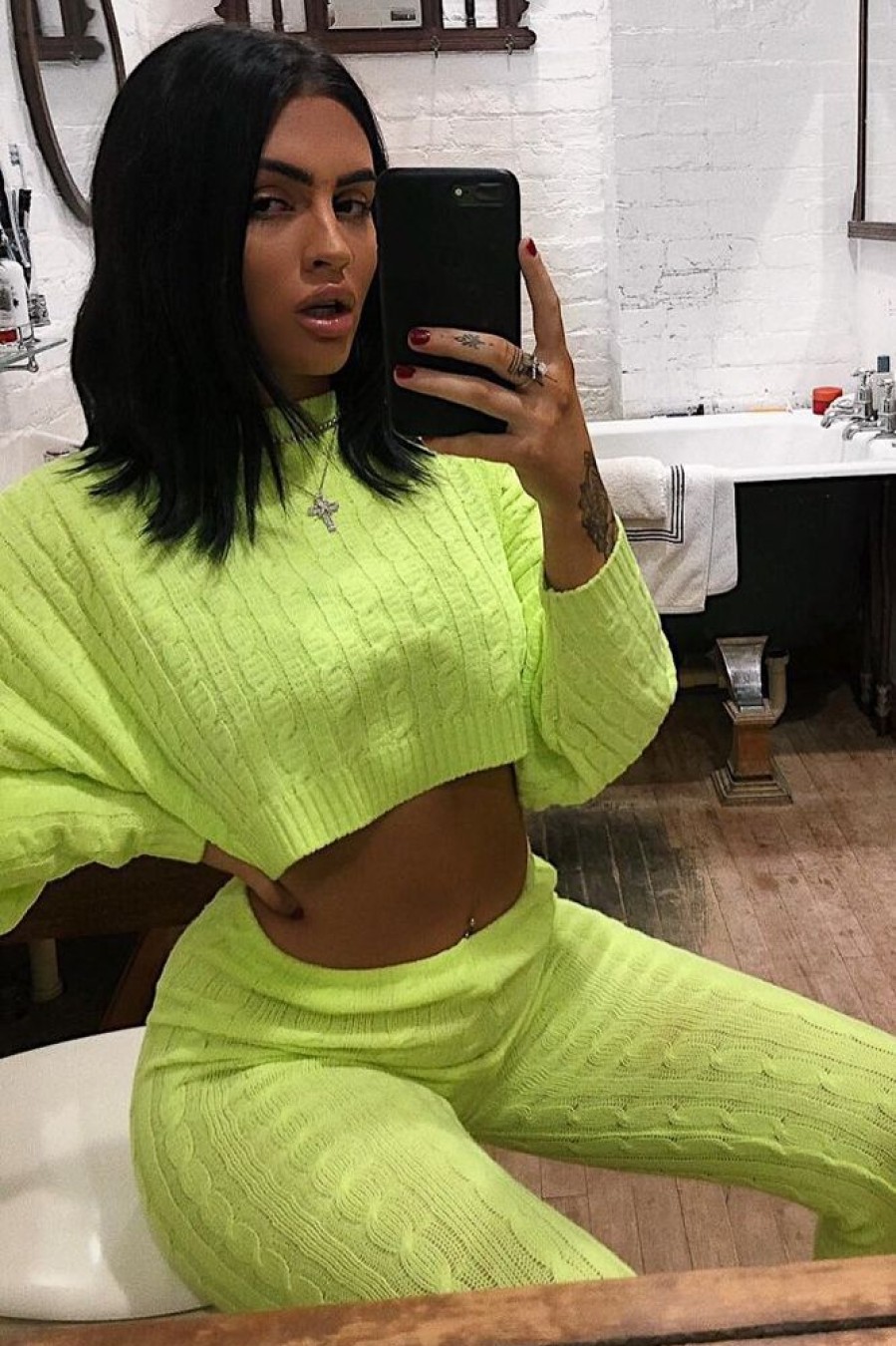 Clothing Rebellious Fashion | Neon Yellow Cable Knit Batwing Jumper Loungwear Set - Janea