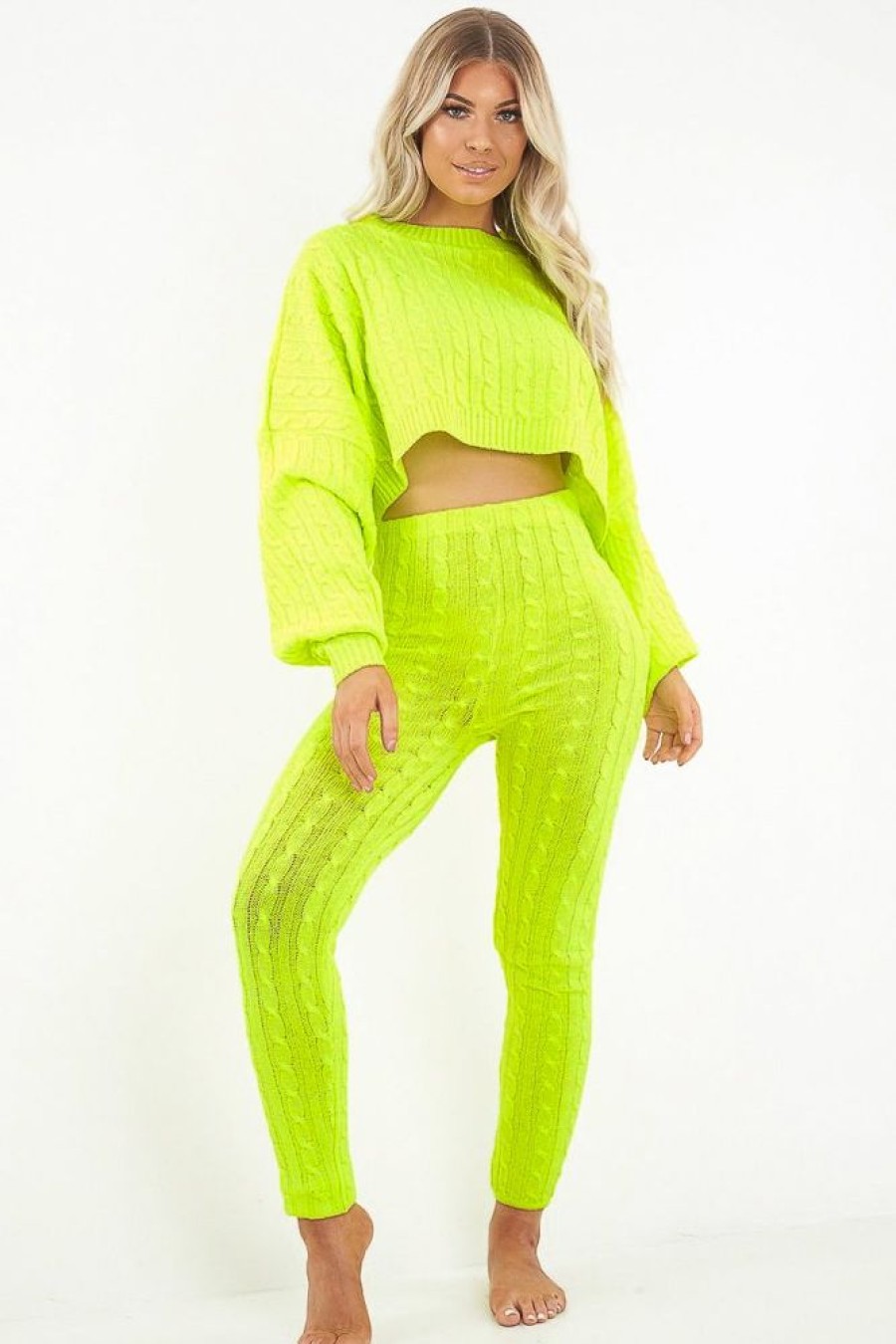 Clothing Rebellious Fashion | Neon Yellow Cable Knit Batwing Jumper Loungwear Set - Janea