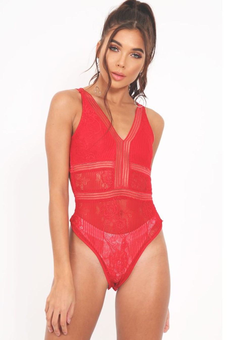 Clothing Rebellious Fashion | Red Lace Sleeveless Open Back Bodysuit - Molina