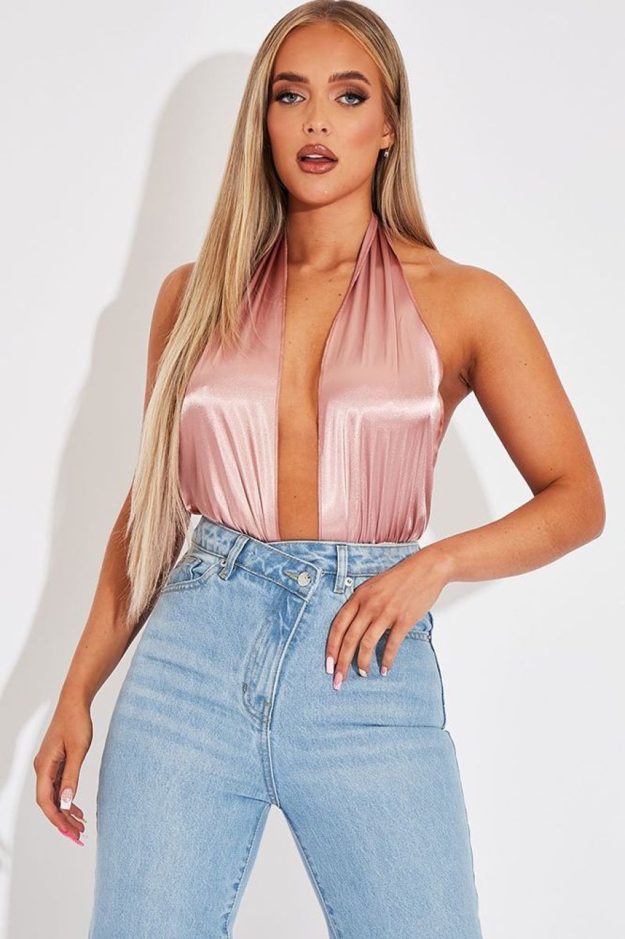 Clothing Rebellious Fashion | Blush Satin Plunge Halter Bodysuit - Aleesia