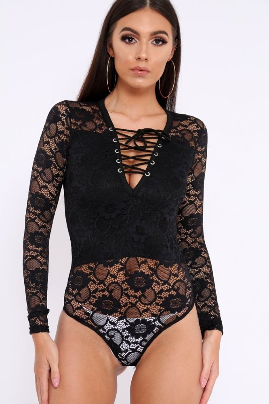 Clothing Rebellious Fashion | Black Lace Bodysuit With Lace Up Front - Khiana