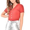 Clothing Rebellious Fashion | Red Button Front Short Sleeved Bodysuit - Danai