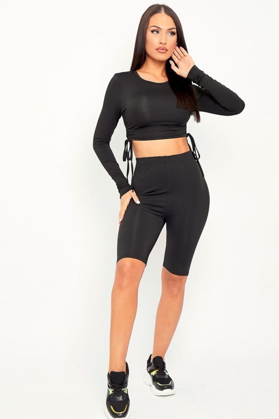 Clothing Rebellious Fashion | Black Double Layer Ruched Top And Cycling Shorts Co-Ord - Gwen