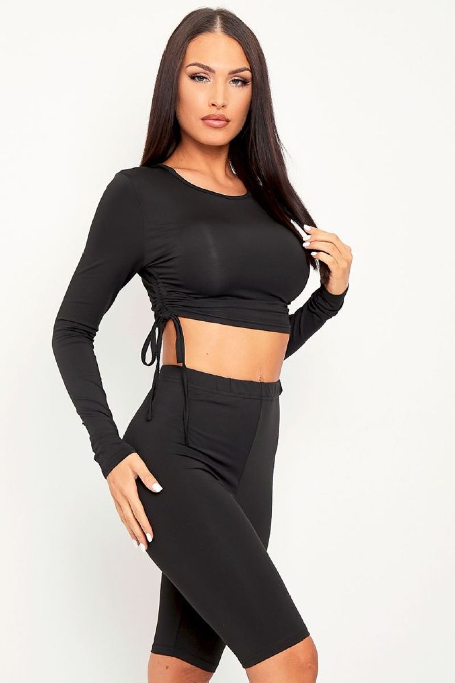 Clothing Rebellious Fashion | Black Double Layer Ruched Top And Cycling Shorts Co-Ord - Gwen