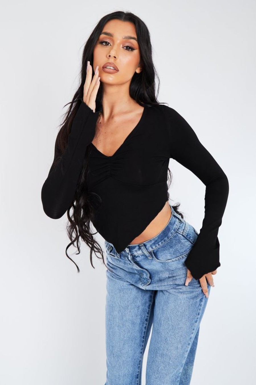 Clothing Rebellious Fashion | Black Pointed Hem Jersey Crop Top - Gracie