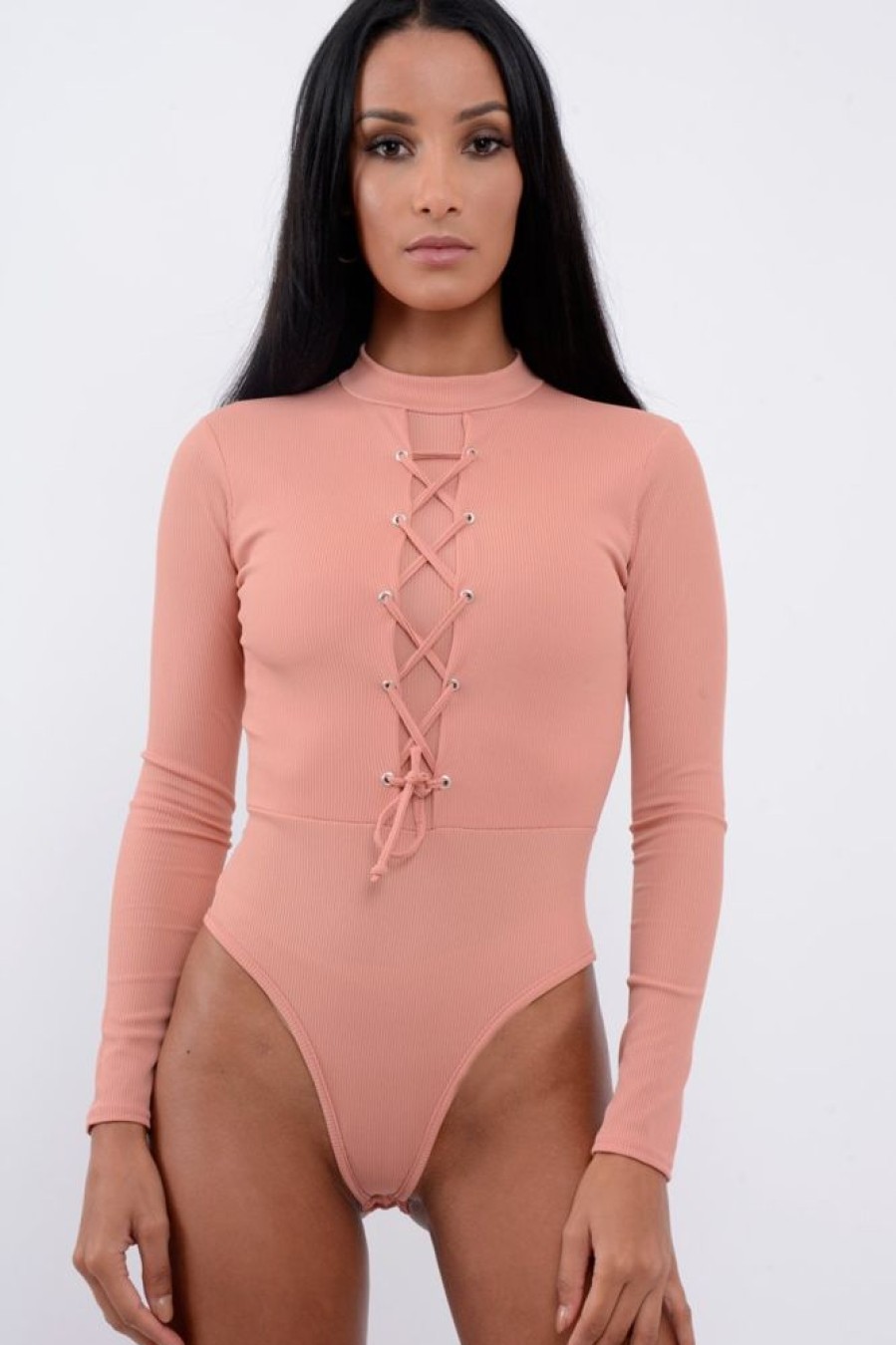 Clothing Rebellious Fashion | Rose Lace Up Ribbed Bodysuit - Jasmina