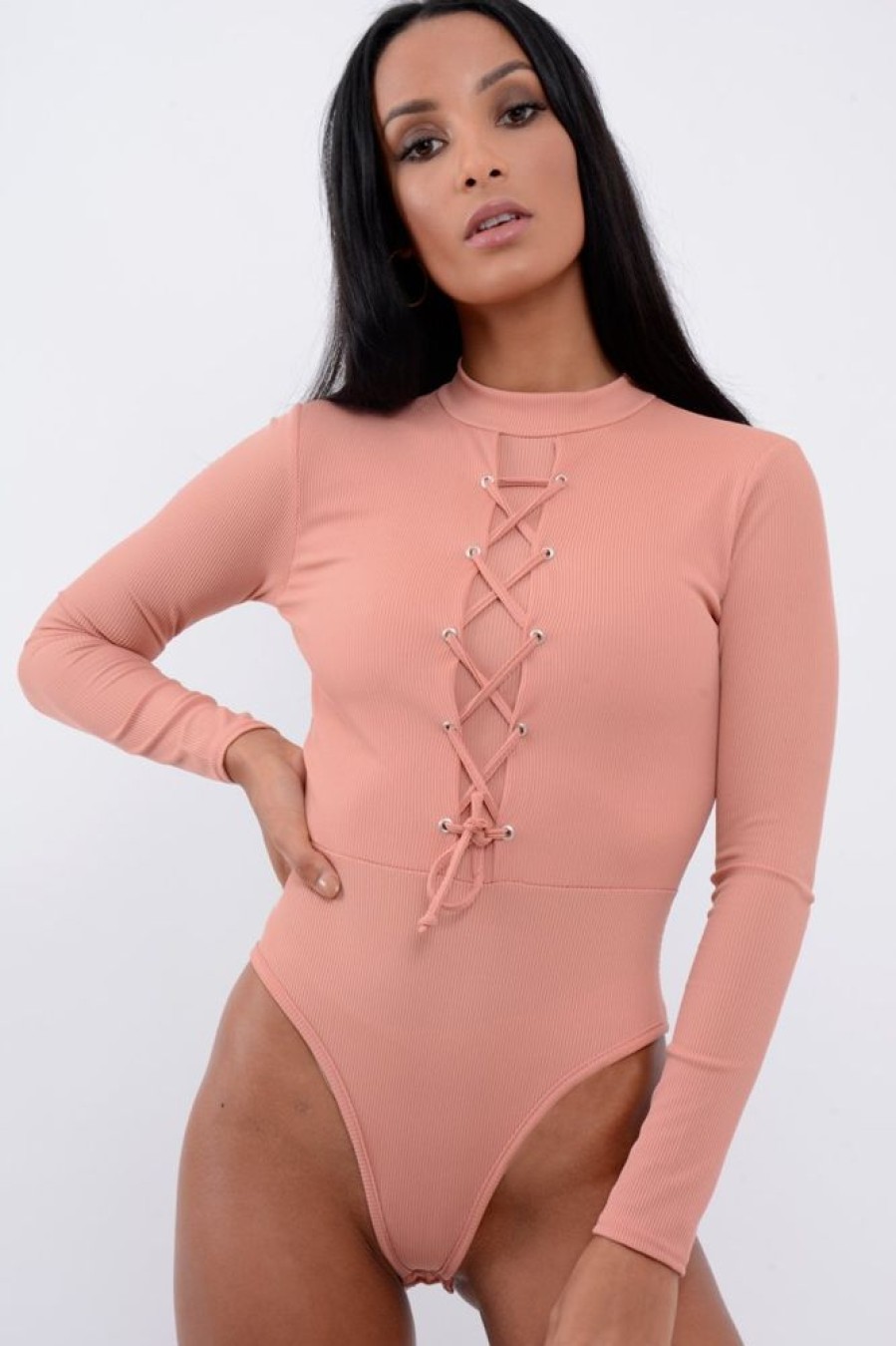 Clothing Rebellious Fashion | Rose Lace Up Ribbed Bodysuit - Jasmina