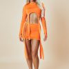 Clothing Rebellious Fashion | Orange Knot Detail Crop Top & Mini Skirt Set - Isabel