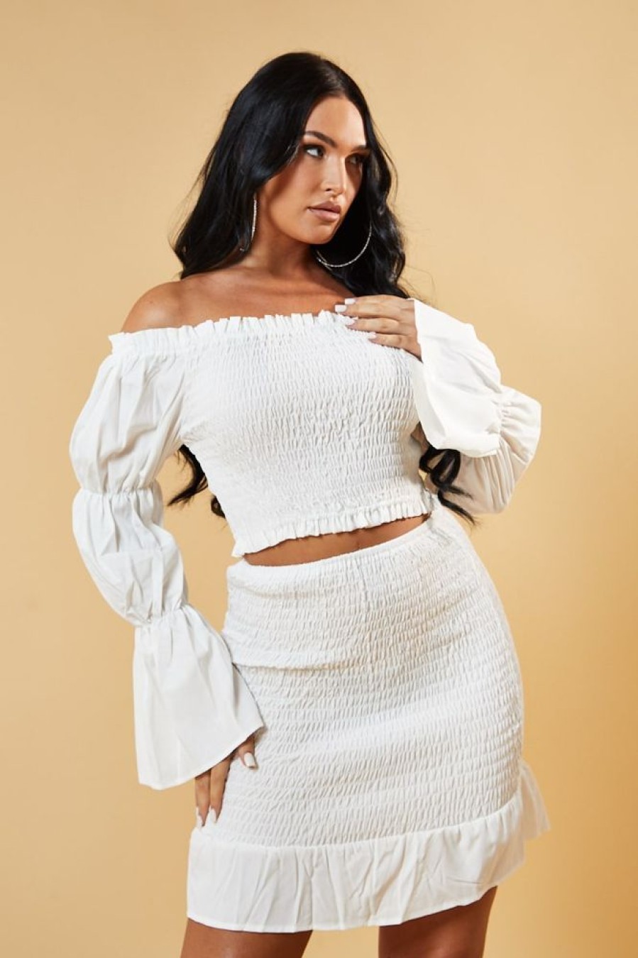 Clothing Rebellious Fashion | White Shirring Detail Bardot Top & Mini Skirt Co-Ord Set - Connie