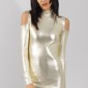 Clothing Rebellious Fashion | Gold Metallic Cold Shoulder Dress - Torian