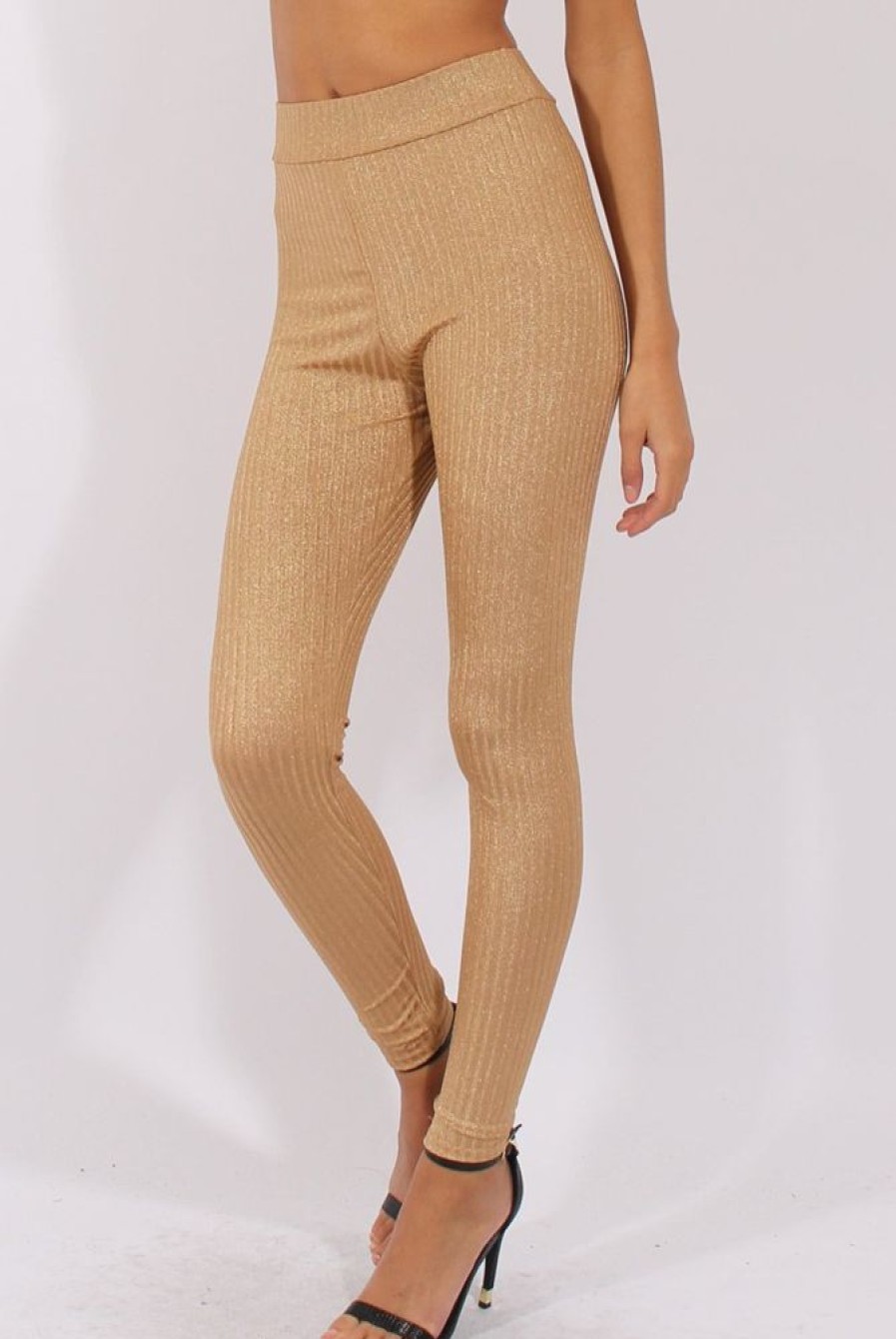 Clothing Rebellious Fashion | Gold Metallic Ribbed High Waisted Leggings - Yasmin