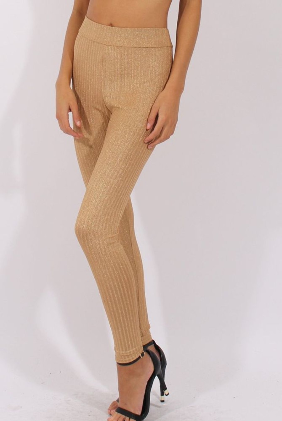 Clothing Rebellious Fashion | Gold Metallic Ribbed High Waisted Leggings - Yasmin