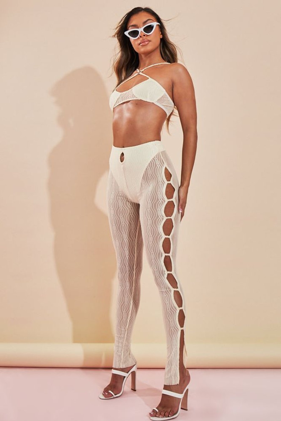 Clothing Rebellious Fashion | Cream Mesh Halter Neck Crop Top & Cut Out Leggings - Fara