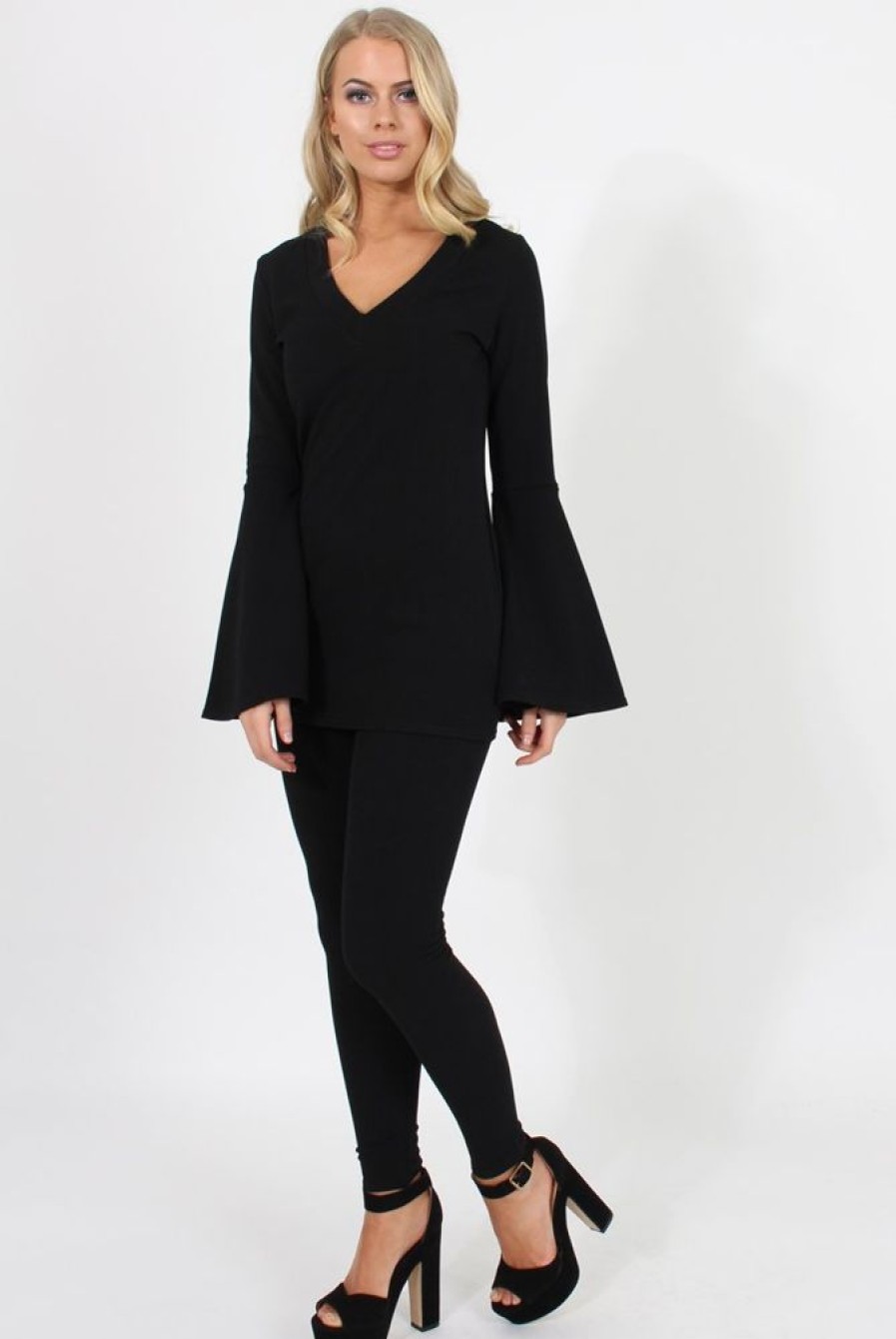 Clothing Rebellious Fashion | Black Bell Sleeve Two Piece - Terry