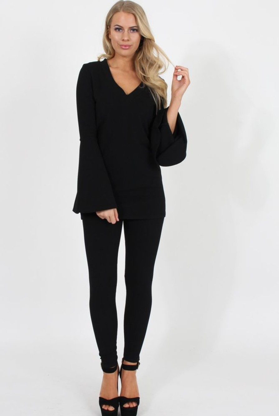 Clothing Rebellious Fashion | Black Bell Sleeve Two Piece - Terry