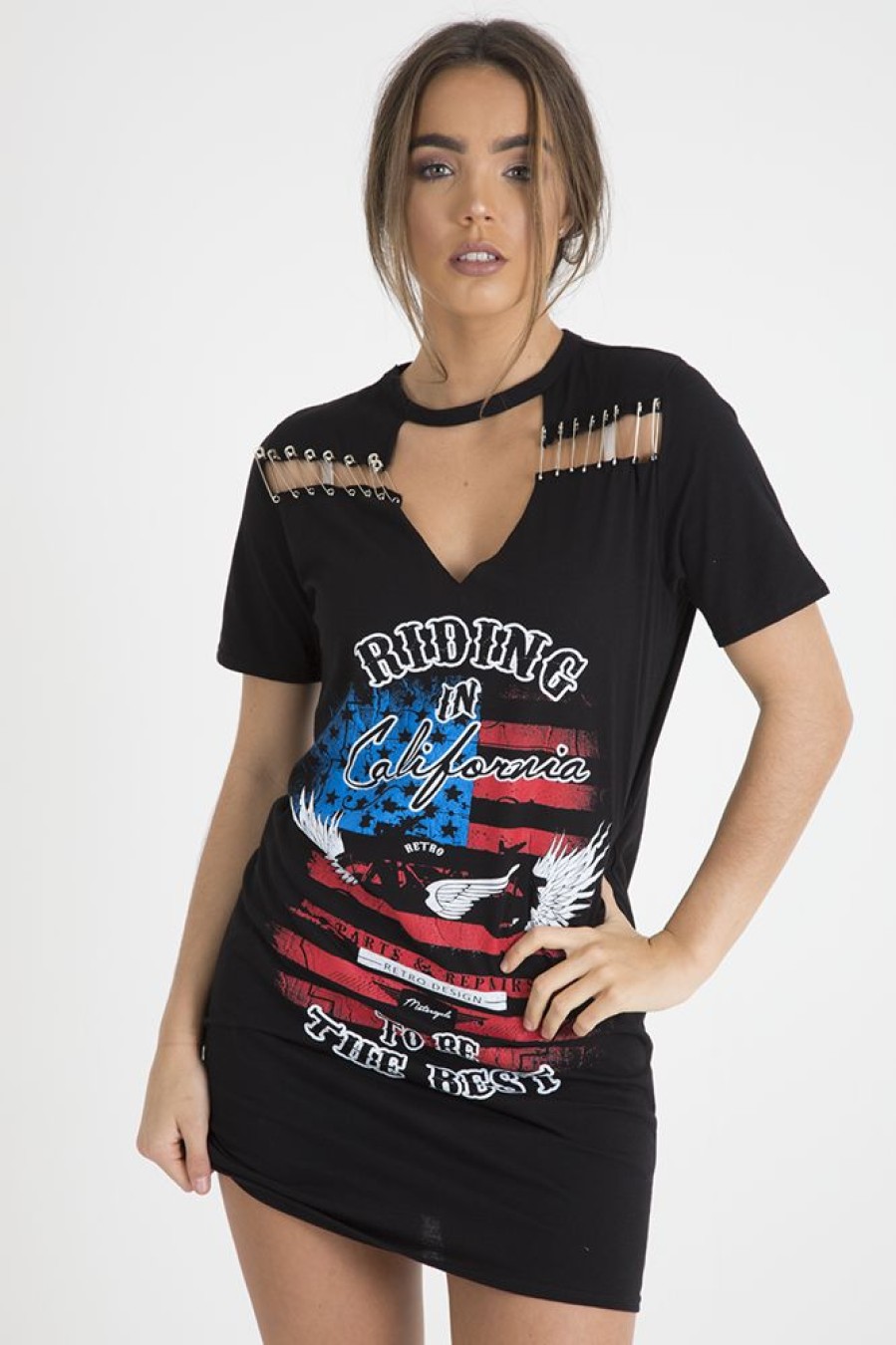 Clothing Rebellious Fashion | Black 'Riding In California' Graphic Print Cut Out Pin Detail T-Shirt Dress - Harper