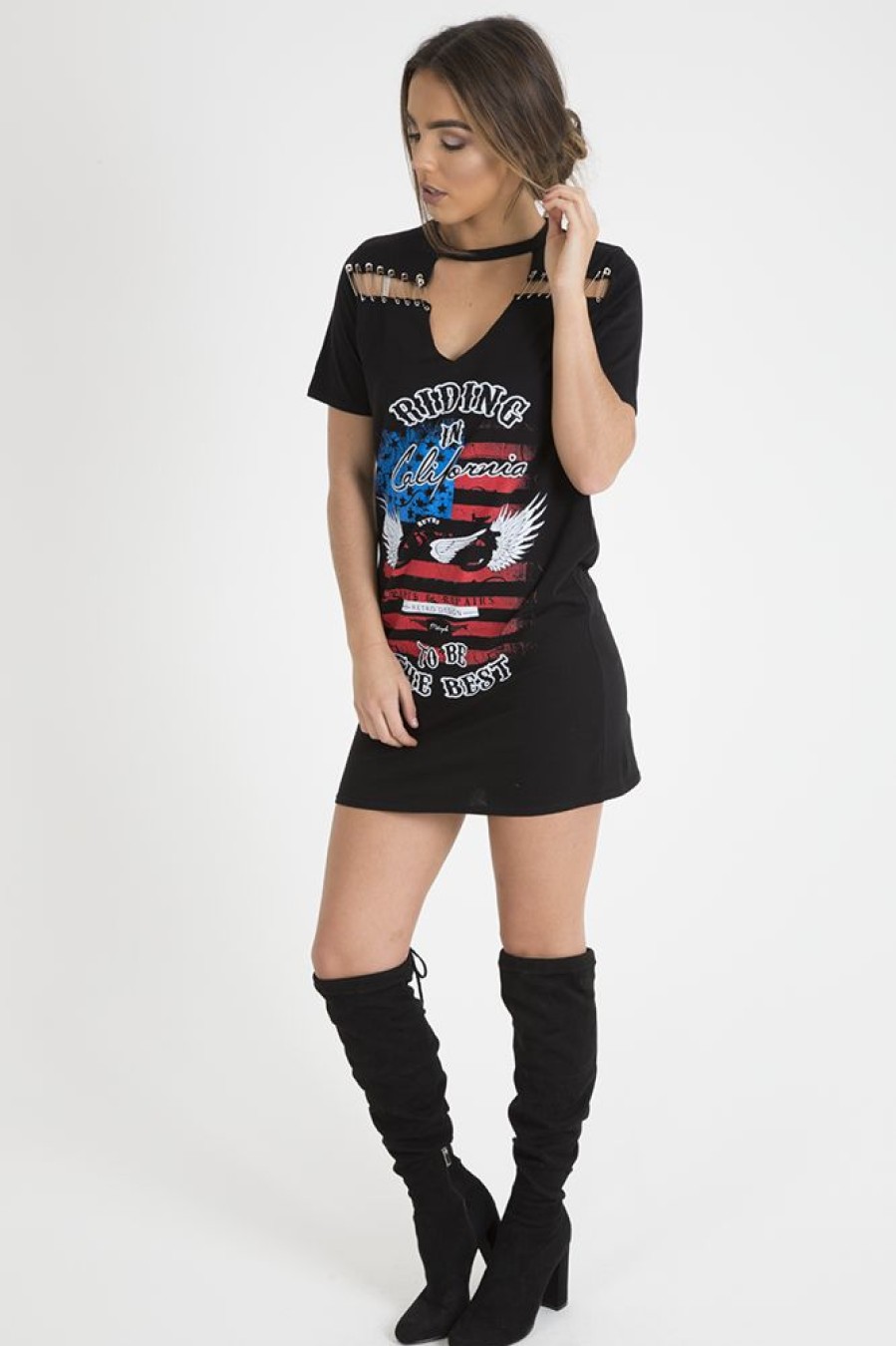 Clothing Rebellious Fashion | Black 'Riding In California' Graphic Print Cut Out Pin Detail T-Shirt Dress - Harper