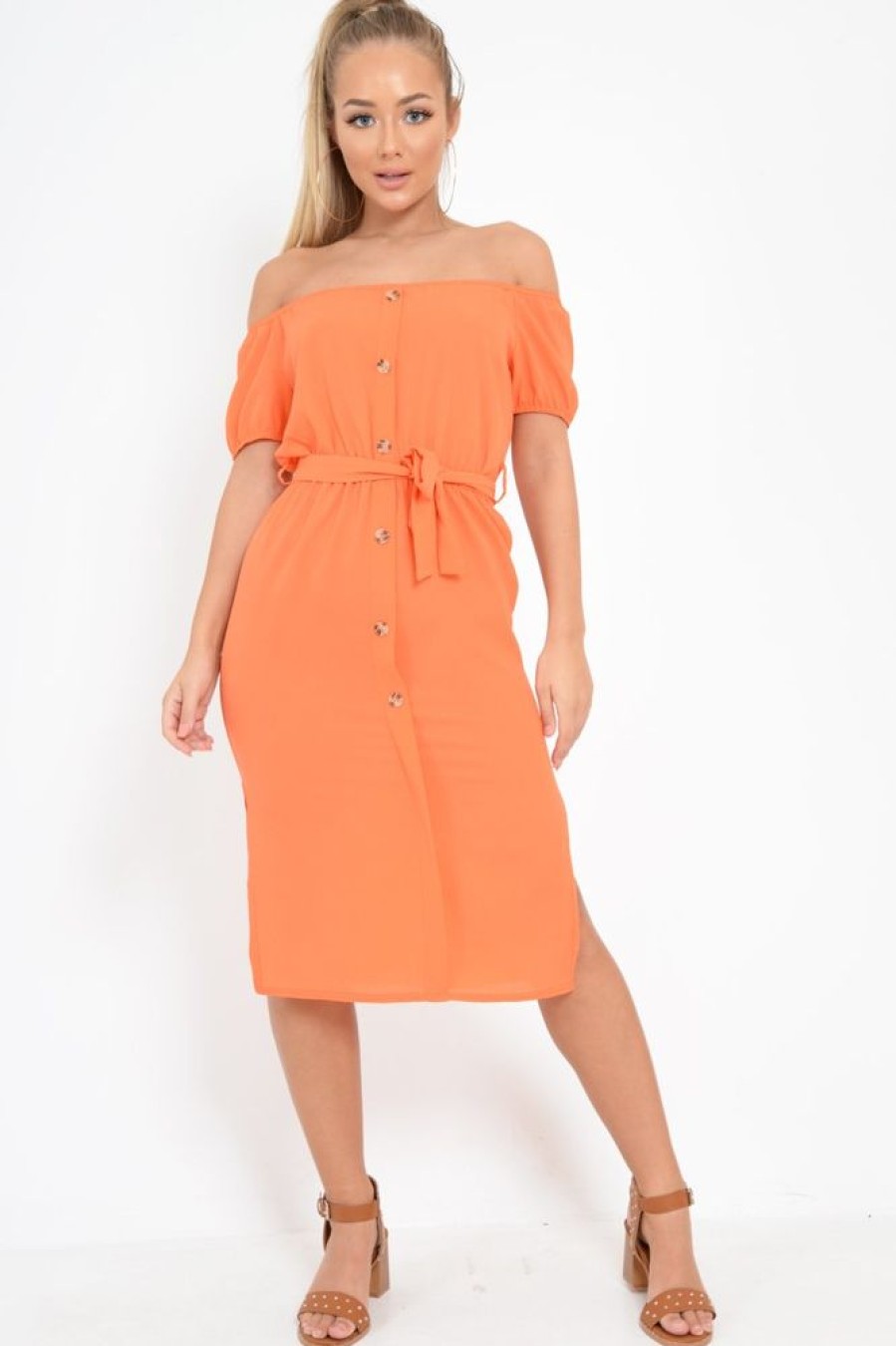 Clothing Rebellious Fashion | Orange Bardot Puff Sleeve Button Midi Dress - Jacinta