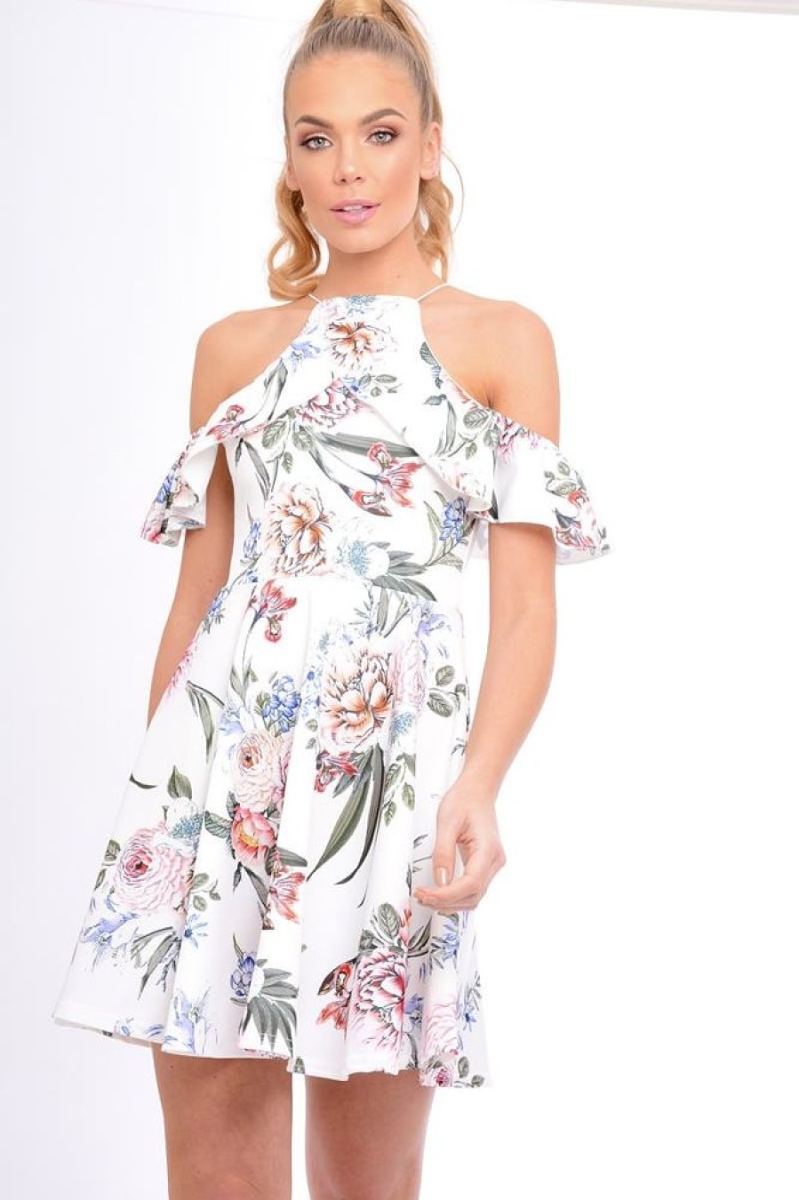 Clothing Rebellious Fashion | White Floral Cold Shoulder Skater Dress - Zoey