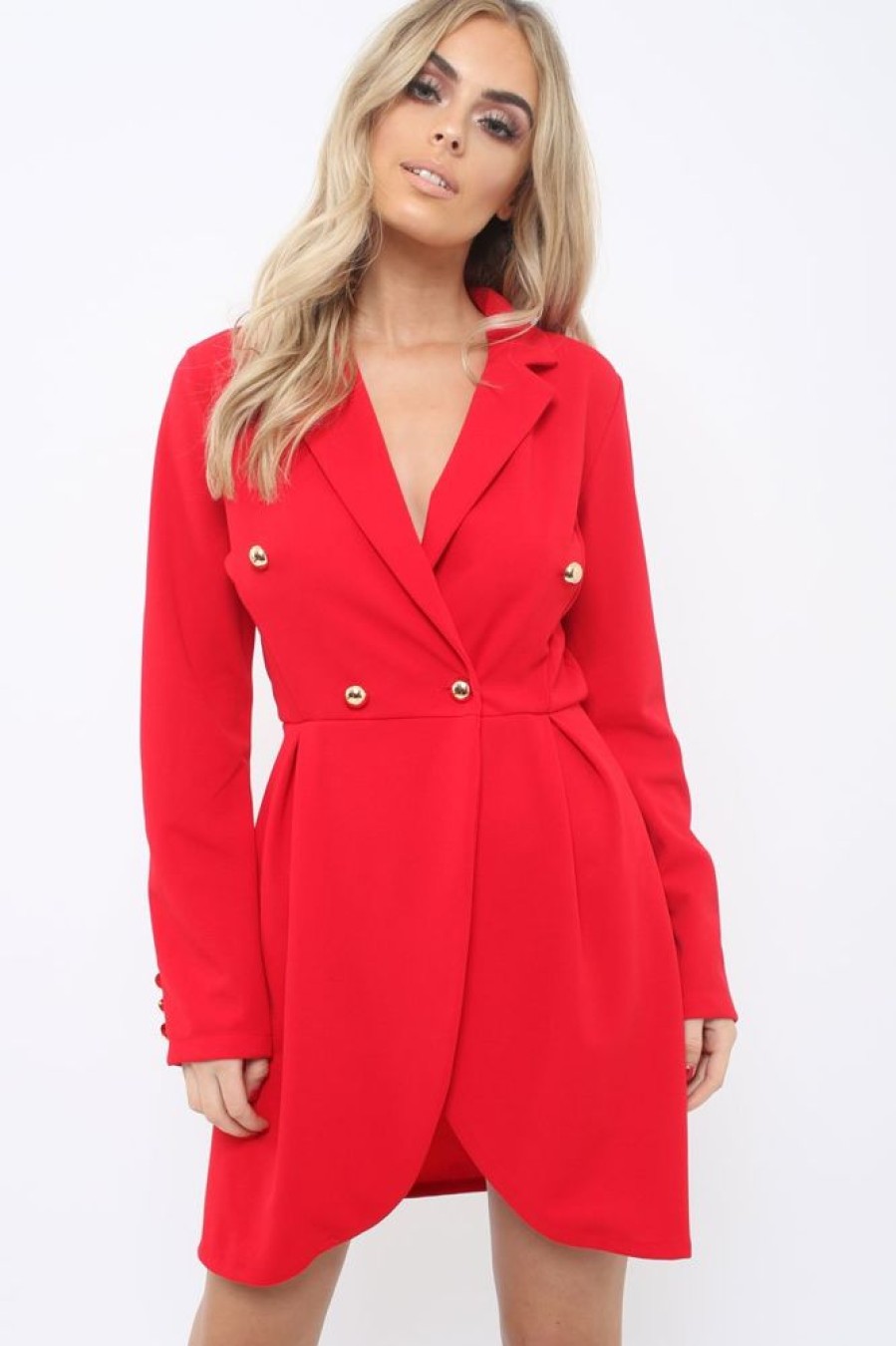 Clothing Rebellious Fashion | Red Button Detail Blazer Dress - Kayleigh