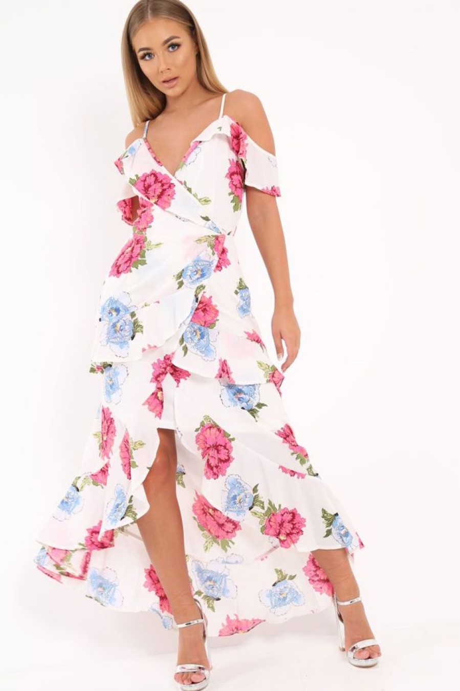 Clothing Rebellious Fashion | White Floral Frill Wrap Cold Shoulder Dress -Sabria