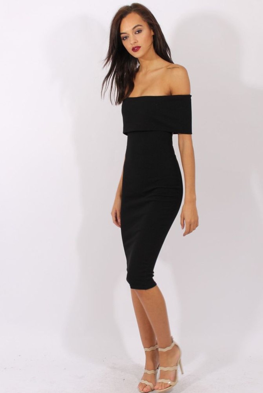 Clothing Rebellious Fashion | Black Bardot Frill Open Back Midi Dress - Trish