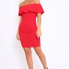 Clothing Rebellious Fashion | Red Frill Bardot Midi Dress - Bridget