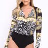 Clothing Rebellious Fashion | Black Scarf Print Wrap Bodysuit - Yazmin