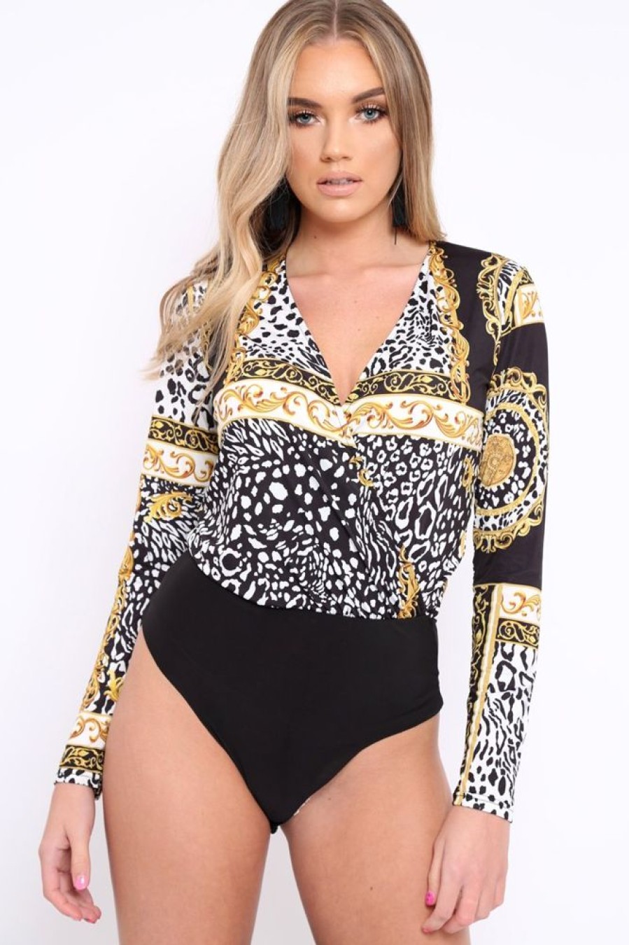 Clothing Rebellious Fashion | Black Scarf Print Wrap Bodysuit - Yazmin