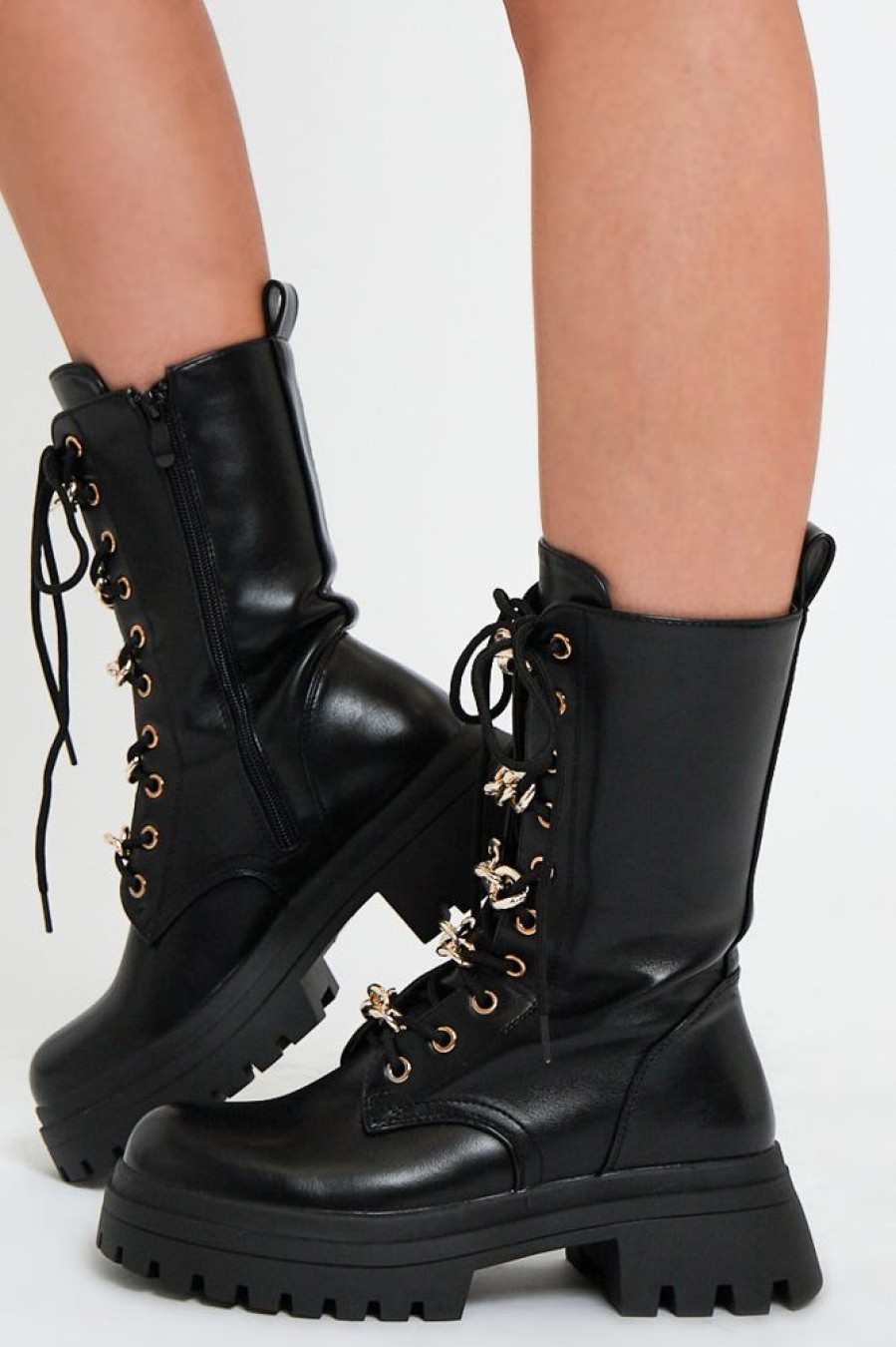 Shoes Rebellious Fashion | Black Chain Detail Faux Leather Boots - Niska