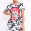 Clothing Rebellious Fashion | White Camo Crew Neck Girls Face T-Shirt Dress With Tassels - Sway