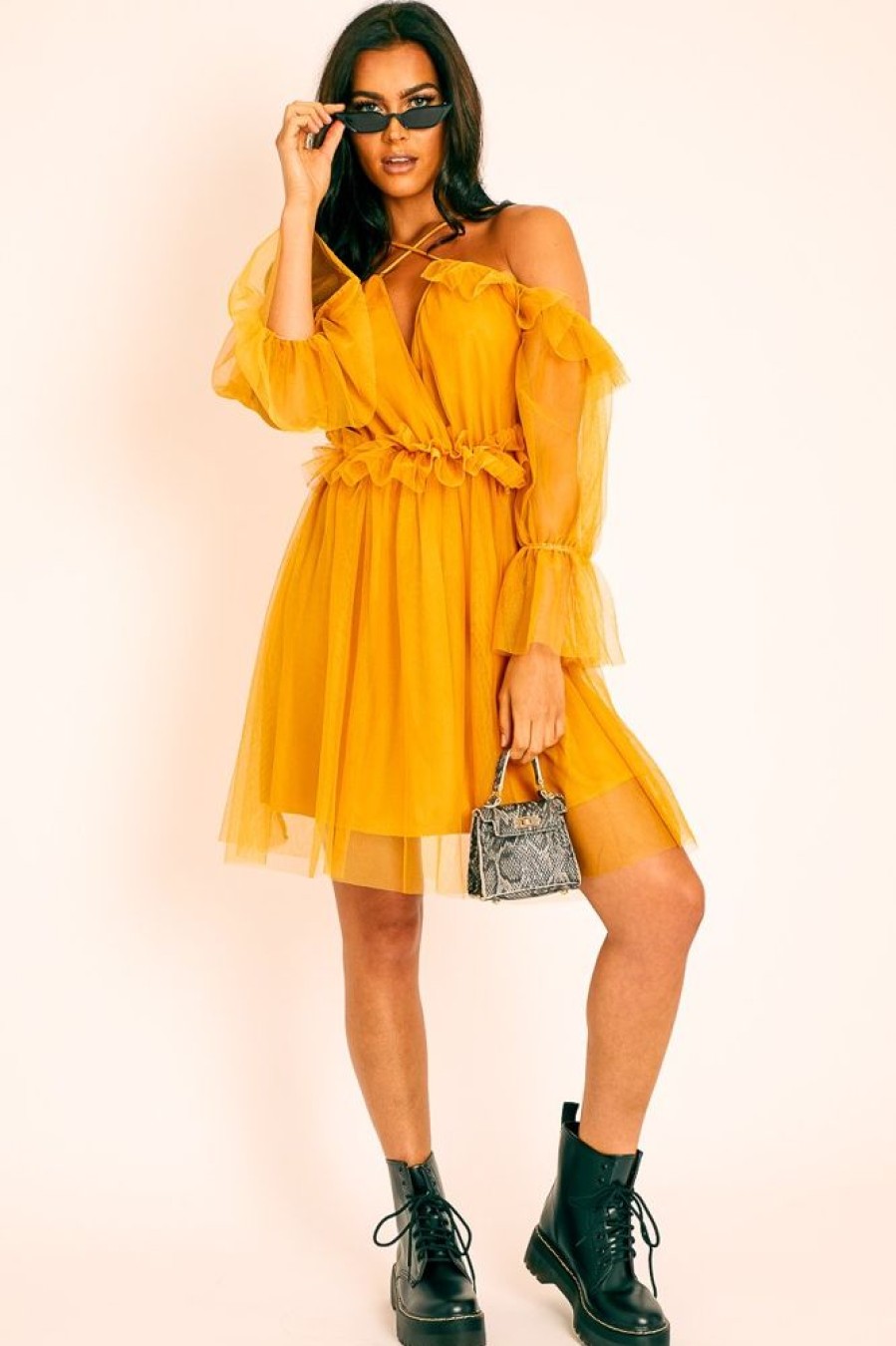 Clothing Rebellious Fashion | Mustard Plunge Tulle Ruffle Cross Back Dress - Aerial