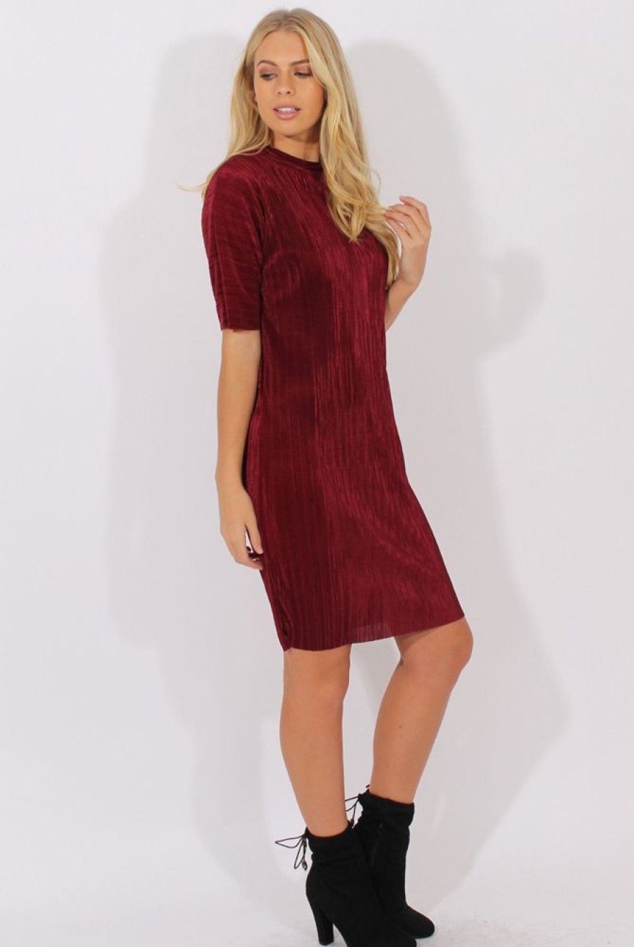 Clothing Rebellious Fashion | Wine Metallic Pleated Short Sleeve Midi Dress - Kitty