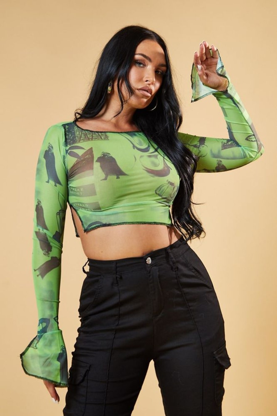 Clothing Rebellious Fashion | Green Abstract Print Mesh Cropped Top - Cucu