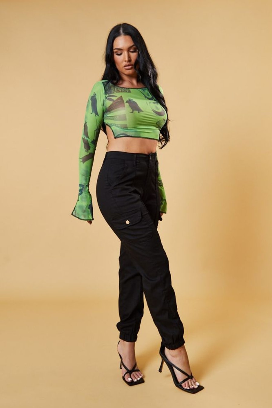 Clothing Rebellious Fashion | Green Abstract Print Mesh Cropped Top - Cucu