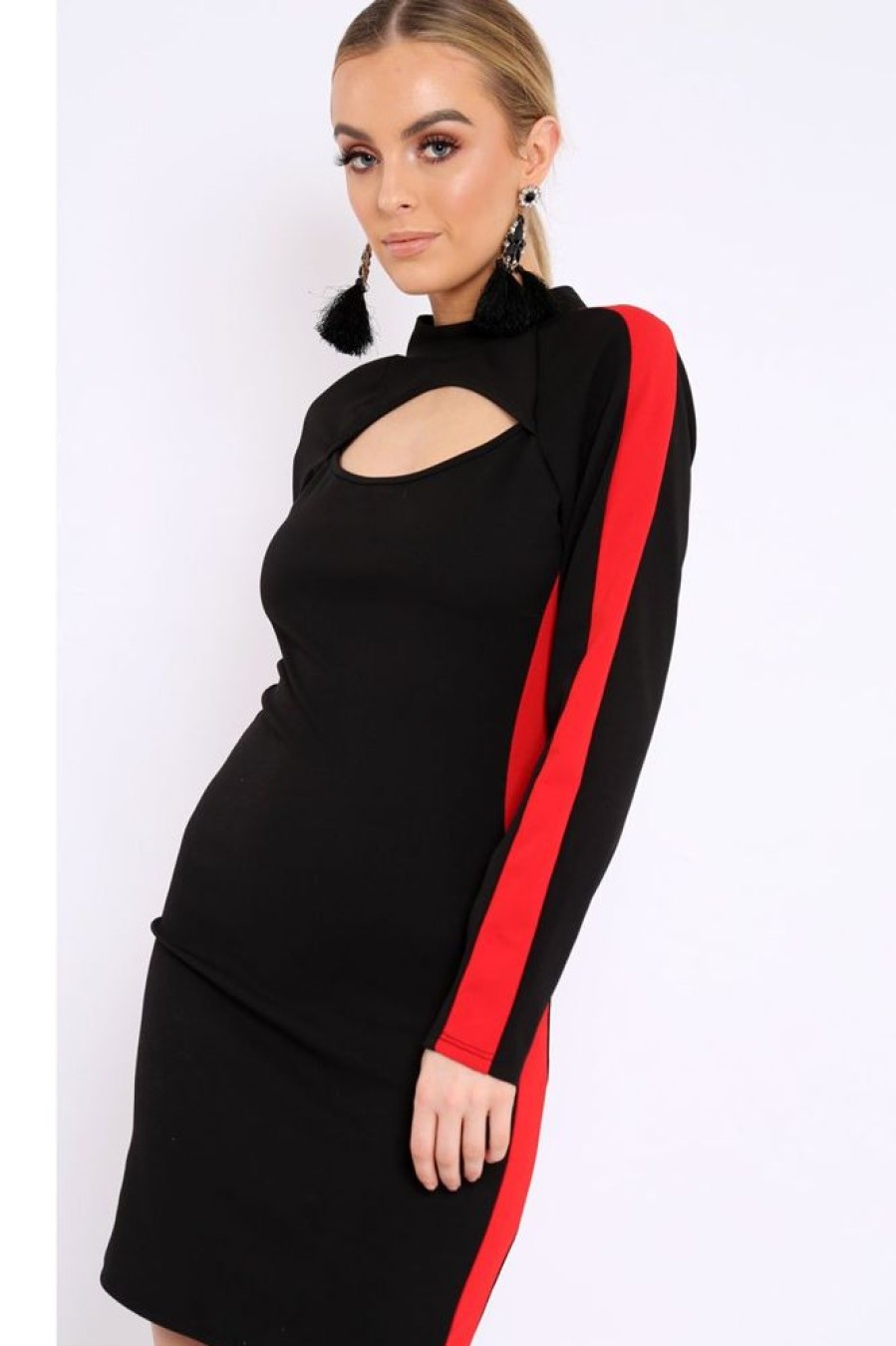 Clothing Rebellious Fashion | Black Side Red Striped Cut Out Dress - Layia