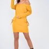 Clothing Rebellious Fashion | Mustard Lace Up Detail Bardot Jumper Dress - Aarna